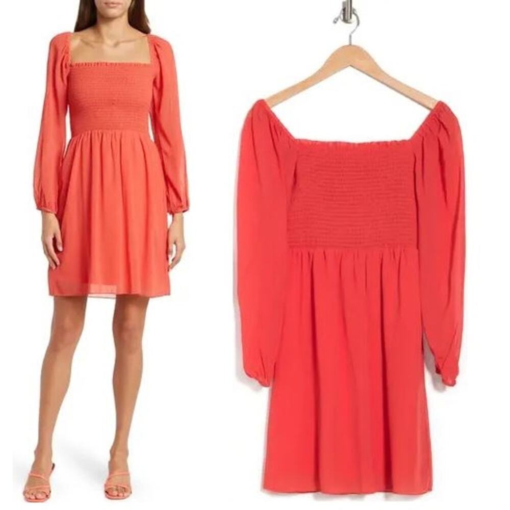 Tash & Sophie Smock Chiffon Long Sleeve Mini Dress Coral Women's Size Large NWT